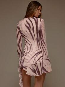 MUSERA Floral Print Chiffon Plunge Tie Front Ruffle Loose Fit Long Sleeve Mini Dress Valentines Sexy Cute Party Romantic Night Out Occasion  Vacation - Multicolor - View 2