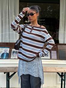 Muchica Striped Pattern Casual Off Shoulder Long Sleeve Women Sweater Stripe Top Striped Long Sleeve - Multicolor - View 3