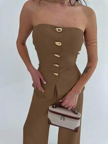 Firerie 女士优雅简约金属纽扣吊带背心和高腰阔腿卡其裤两件套，适合通勤、休闲、度假穿着。 - 摩卡棕 - 查看 3