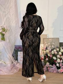 CovetEZ Plus Size 2-Piece Set: Lace Long Sleeve Crop Top With Boned Bust And Slit Bodycon Skirt, Sexy Outfit For Valentine's Day Date Parties Elegant 2 Piece Set Lace 2 Piece Set - Black - View 2