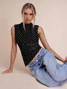 SHEIN BAE Áo camisole thời trang nữ in chấm bi, vạt bất đối xứng - màu đen - Xem 6