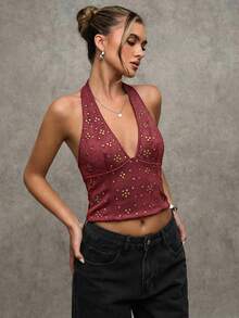 SHEIN BAE Women's Sexy Fashion Rivet Decor Backless Halter Neck Fitted Crop Top, Summer - Burgundy - View 5