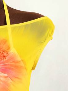 Zestiva 三件套女士泳衣套装，纯色比基尼搭配网纱印花罩衫，适合海滩、泳池、休闲派对、度假、春夏穿着。 - 黃色 - 查看 7