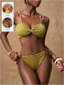 Zivah Bộ đồ bơi mới thanh lịch với thiết kế thắt nút phía trước và trang trí kim loại, thích hợp cho kỳ nghỉ, bãi biển và tiệc bể bơi. - màu xanh lá - Xem 2