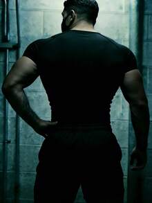 Manfinity Sport PWRUP Men's Letter Print T-Shirt And Shorts Sports Suit Gym Dress For Men Gym T Shirts Men Gym Set Workout Set Compression Shirt Men - Black - View 2