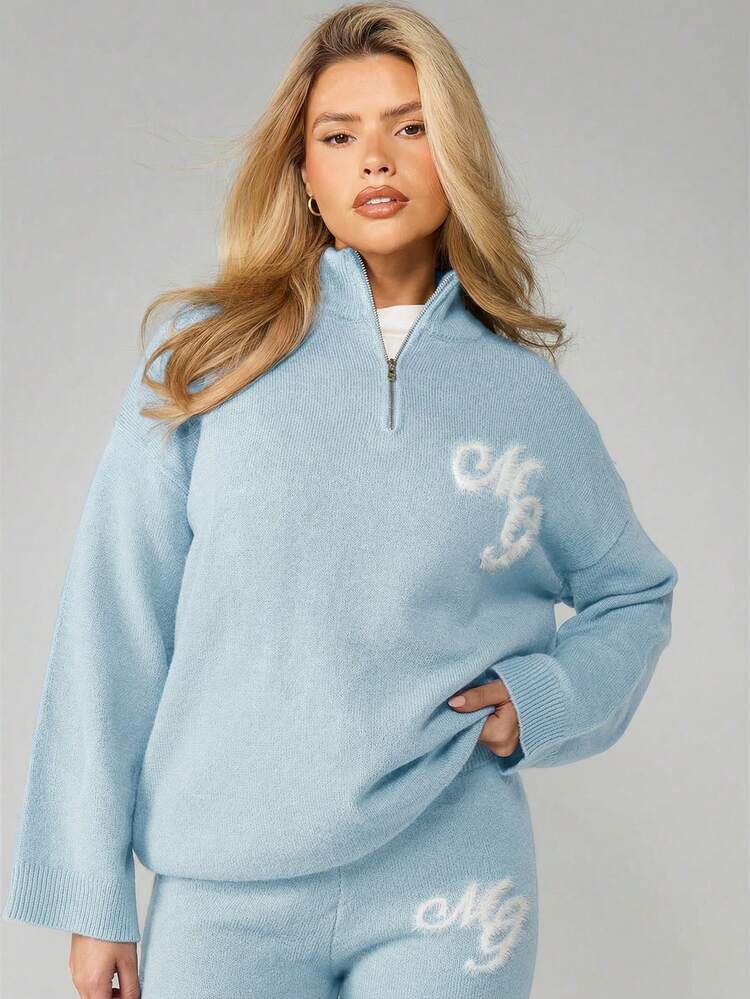 MISSGUIDED Oversized Quarter Zip Pullover Sweater With Logo Detail Ribbed Cuffs Mock Neck Knit Jumper Winter Cozy Loungewear