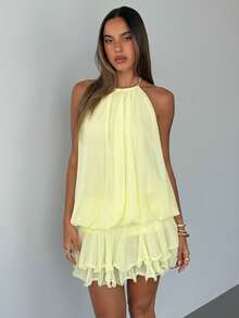 Aloruh Women's Sleeveless Pale Yellow Backless Chiffon Mini Dress - Light Yellow - View 4