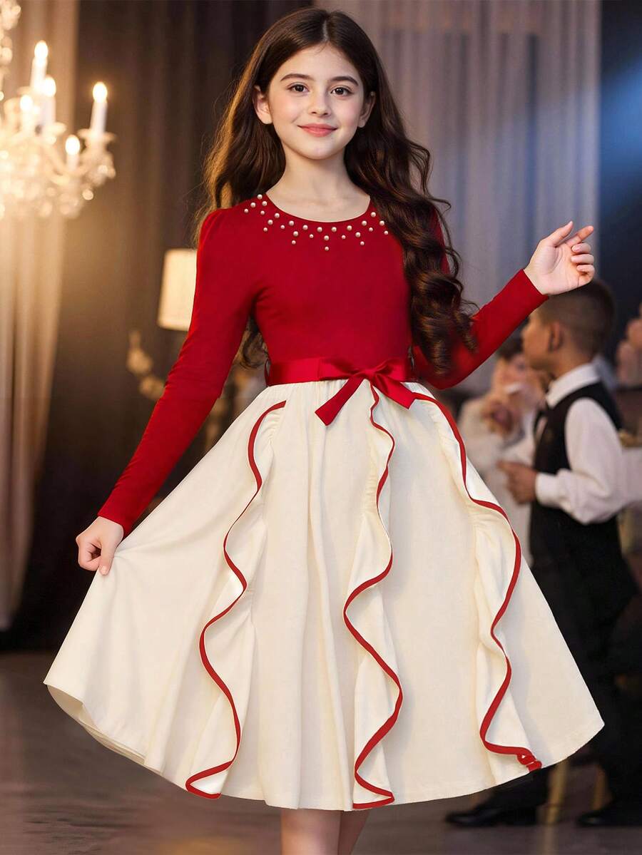 SHEIN Vestido elegante y de moda con cuello de cinta y perlas de color contrastante para adolescentes - Burdeos - Ver 1
