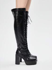 ROMWE Goth Women's Fashion Lace-Up Waterproof Platform Thick High Heel Over-The-Knee Boots Valentine's Day - Black - View 4