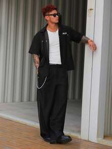 DAZY Men's Letter Embroidered Black Short Sleeve Shirt With Jacket Set, Spring/Summer - Black - View 7