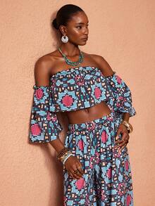 JIAN LASALA All-Over Print Off-Shoulder Ruffled Bell Sleeves Crop Top Women Vacation Casual Holiday - Multicolor - View 5
