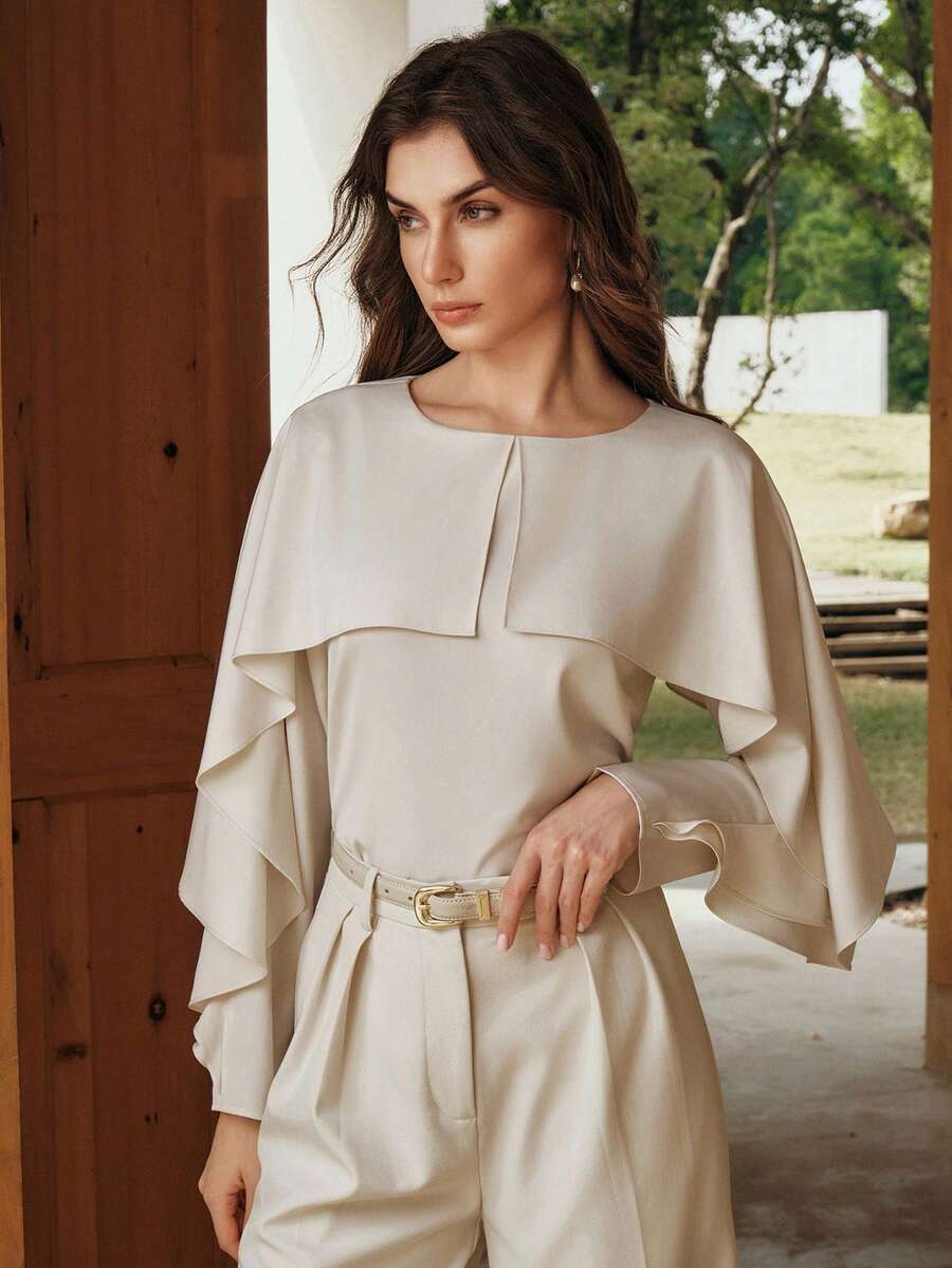 Anewsta Women's Casual Loose Pullover Shirt, Versatile Top With Front And Back Panels - Beige - View 1