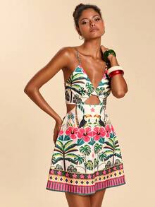 Travachic 女士镂空性感吊带热带植物印花度假连衣裙，适合狂欢节、春假、夏季、情人节、海滩、休闲度假、外出、夏季派对等场合。 - 彩色 - 查看 5