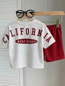 SHEIN 2件套男婴可爱休闲韩版夏季针织字母印花短袖上衣和松紧腰短裤套装 - 彩色 - 查看 5