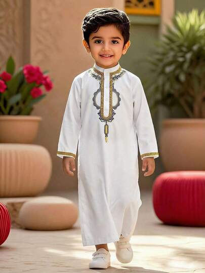 男童传统长衬衫，饰有丝带