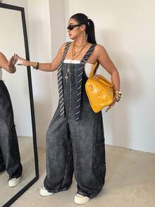 POPSWAY 大码女式牛仔布效果背带条纹撞色大口袋休闲街头风连体裤，适合度假、约会、派对、户外活动