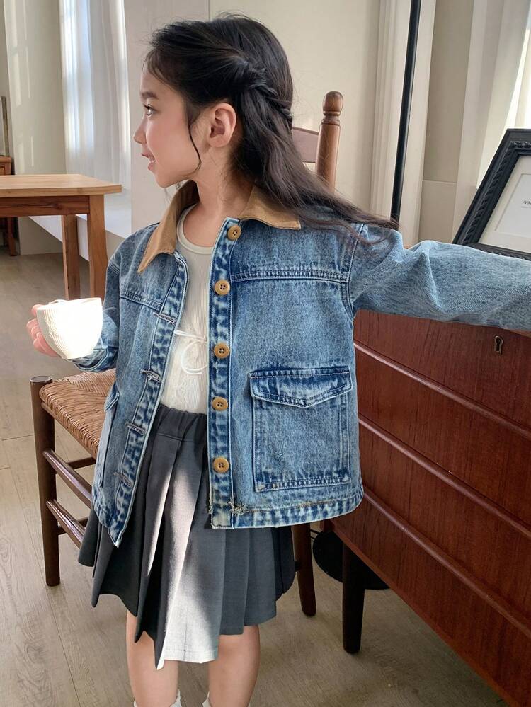 Young Girls Turndown Collar Contrast Color Casual Versatile Korean Street Style Denim Jacket And Coat