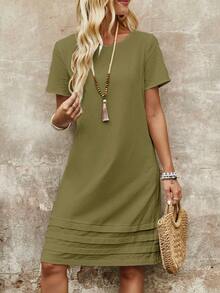 EMERY ROSE Plus Size Casual Solid Color Short Sleeve Dress ,Summer Dress - Green - View 5