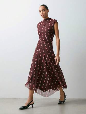 Maija Women's Fashionable Full Print Asymmetric Hem Dress, Summer