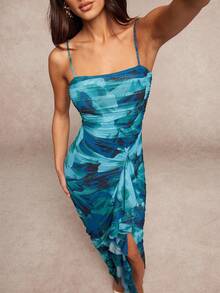 Silquee 春夏优雅花卉印花浪漫荷叶边露肩喇叭袖高开衩长裙，女士蕾丝紧身派对礼服，适合情人节、约会，鼠尾草绿 - 彩色 - 查看 7