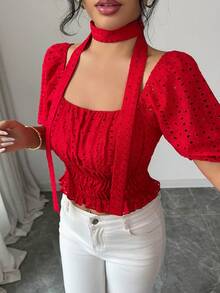 Selianne Damen elegante Bluse mit quadratischem Kragen, Sommer - Rot - Übersicht 5