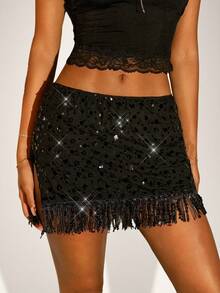 SHEIN ICON Women's Fashionable Sequin Sexy Bodycon Tassel Decorated Mini Skirt ,Solid Color Sequin Going Out Embellished Bodycon Y3k Party Mini Skirt - Black - View 4