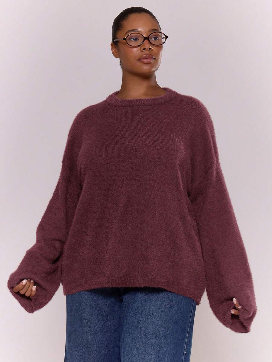 MUSERA USERA Mohair Plus Size Crew Neck Jumper Spring Y2K 90's Casual Cute Airport Back To School Everyday Spring - Burgundy - View 1