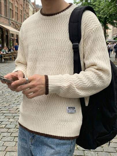 Manfinity VCAY Men's Casual Loose Fit Contrast Color Round Neck Long Sleeve Sweater, Versatile For Autumn/Winter