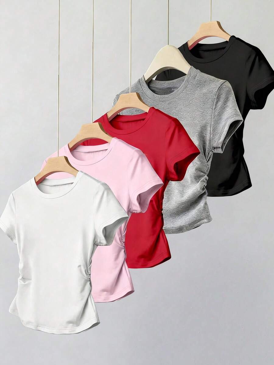 SHEIN Explorewe 少女五件套纯色修身圆领T恤套装,包含白色、粉色、红色、灰色、黑色 - 彩色 - 查看 1