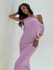 Aloruh 女士优雅不对称肩部连衣裙，适合派对穿着 - 紫丁香色 - 查看 7