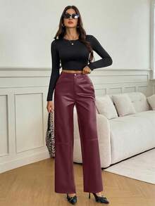 SHEIN Tall Pantalones rectos de piel de poliuretano negros para una cita - Burdeos - Ver 5