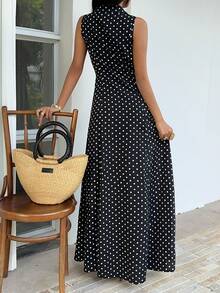 Sunnyshic Đầm maxi nữ màu đen chấm bi, cổ chữ V, không tay, cài cúc ở eo, thanh lịch cho mùa xuân/hè, đi nghỉ mát, dự đám cưới, đi làm, mặc thường ngày. - màu đen - Xem 2