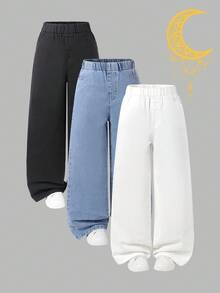 SHEIN Bộ 3 quần jeans ống rộng dễ phối đồ cho bé gái tuổi teen, dáng rộng thoải mái, thích hợp đi học, đi đại học, mùa thu đông. - Nhiều màu - Xem 1