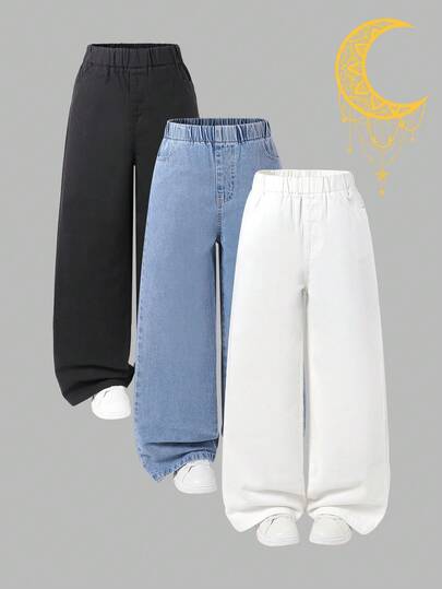 SHEIN 3 件套女童百搭阔腿牛仔裤，宽松舒适休闲裤
