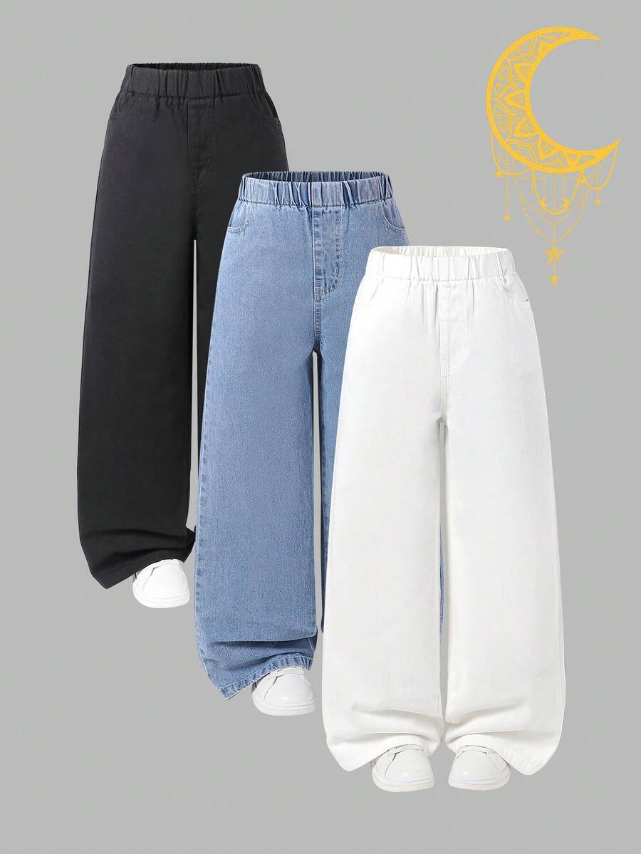 SHEIN Bộ 3 quần jeans ống rộng dễ phối đồ cho bé gái tuổi teen, dáng rộng thoải mái, thích hợp đi học, đi đại học, mùa thu đông. - Nhiều màu - Xem 1