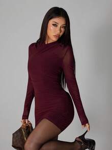 SHEIN PETITE Đầm ngắn ôm sát dài tay màu tím thanh lịch, gợi cảm, thích hợp cho mùa xuân và hè. - Màu đỏ tím - Xem 11