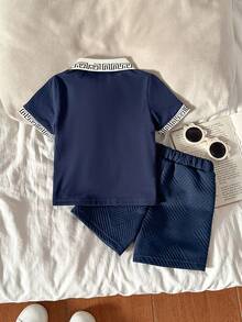 Souflis Souflis 2pcs/Set Toddler Boys Polo Collar Short Sleeve Top And Shorts Outfit, Top With Ribbed Collar And Cuffs, Embroidered Design, Textured Fabric Shorts, Perfect Summer Outfit For Baby Boys Baby Boy Casual Short Sleeve Toddler Boy Short Set Baby Boy Clothes Navy Baby Outfit Baby Boy Polo - Navy - View 4