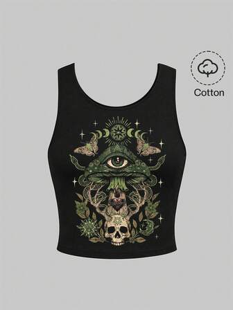 Débardeur pour femmes avec motifs gothiques mystérieux : papillon de nuit vert foncé, lune, soleil, étoiles, crâne, champignon, feuille