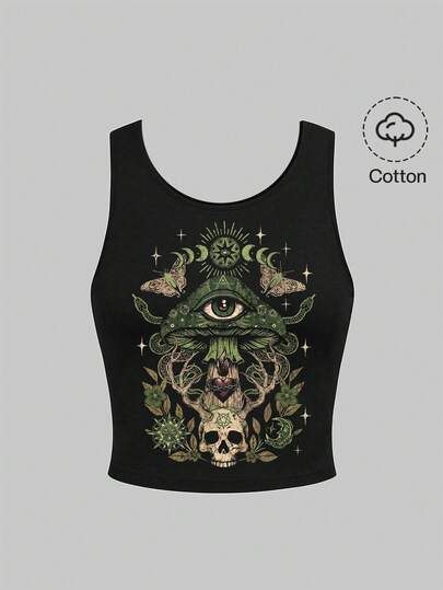 Débardeur pour femmes avec motifs gothiques mystérieux : papillon de nuit vert foncé, lune, soleil, étoiles, crâne, champignon, feuille