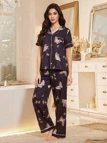 SHEIN 泡泡褶皱蝴蝶印花滚边前开襟睡衣套装 - 黑色 - 查看 4