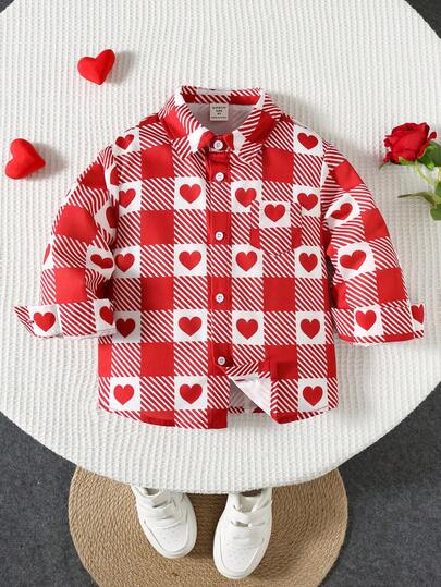 Camisa de manga larga a cuadros con corazón rojo para niño, básica para niños, adecuada para fiesta de cumpleaños, reunión, actuación, boda, , vuelta al cole, viaje, deportes, todas las estaciones, Día de San Valentín