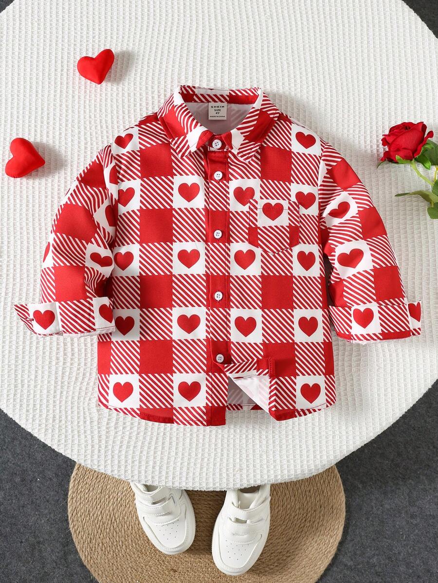 Young Boy's Casual Red Heart Plaid Long Sleeve Shirt, Back To School Boys' Basic Top, Suitable For Birthday Party, Gathering, Performance, Wedding, Baptism, Back To School, Travel, Sports, All Seasons, Valentine's Day - Red - View 1