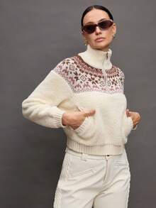 Activina Women's Geometric Jacquard Drop Shoulder Zip-Up Half Placket Sweater