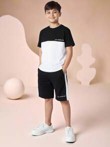 2pcs Tween Boy Black And White Patchwork Top And Shorts Set,College Style Summer Casual City Break Outfit For School,Commuting,Daily Wear And Sports - Black and White - View 12