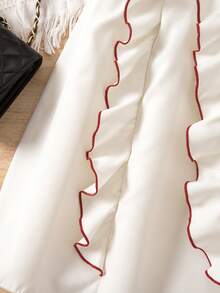 SHEIN Girls' Elegant Dress, Round Neck Ruffle Sleeve, Wavy Front Skirt, Charming Style, Suitable For Party, Casual, Gift, Spring/Summer - Red and White - View 4