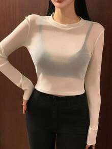 DAZY 女士时尚性感透视修身长袖短款T恤度假装 - 杏色 - 查看 4