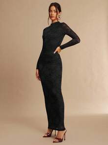 Silquee 纯色性感蕾丝透视露背修身长裙，适合情人节、圣诞节、约会、外出、夜店派对、聚会等场合。 - 黑色 - 查看 5