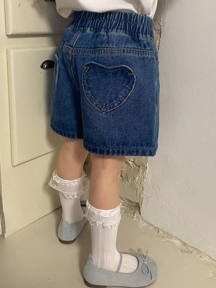 Young Girls Heart Pocket Korean Style Casual Washed Denim Shorts Spring Summer