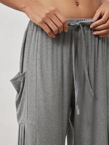 Ocili Bộ đồ ngủ và đồ mặc nhà thoải mái, tối giản, mềm mại, chất lượng cao, sang trọng cho mùa thu, quần nữ unisex tối giản. - Màu xám đen - Xem 4