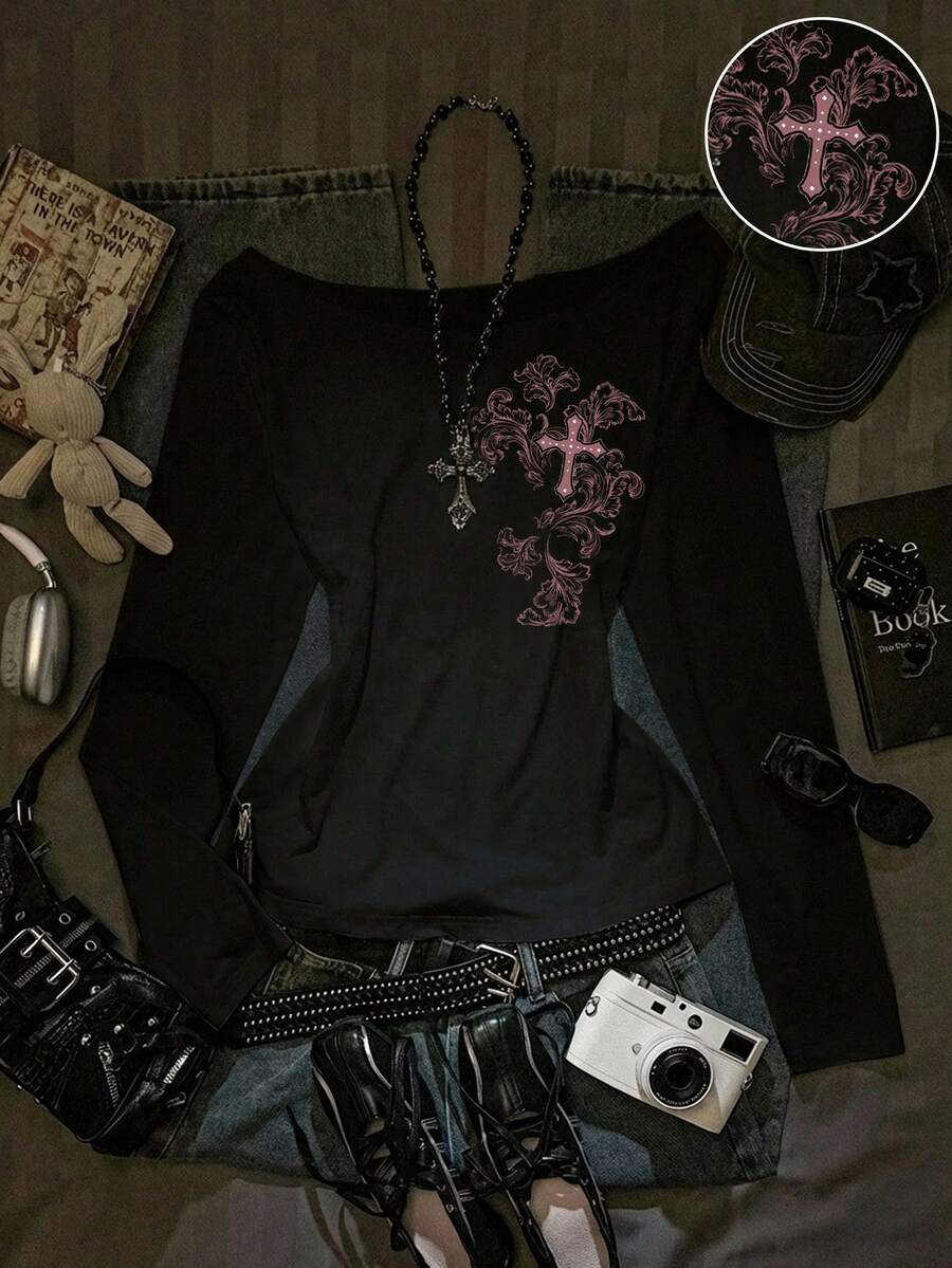 SHEIN EZwear 秋季新款宽松圆领斜肩荷叶边下摆长袖女式性感不对称肩交叉印花套头T恤 - 黑色 - 查看 1